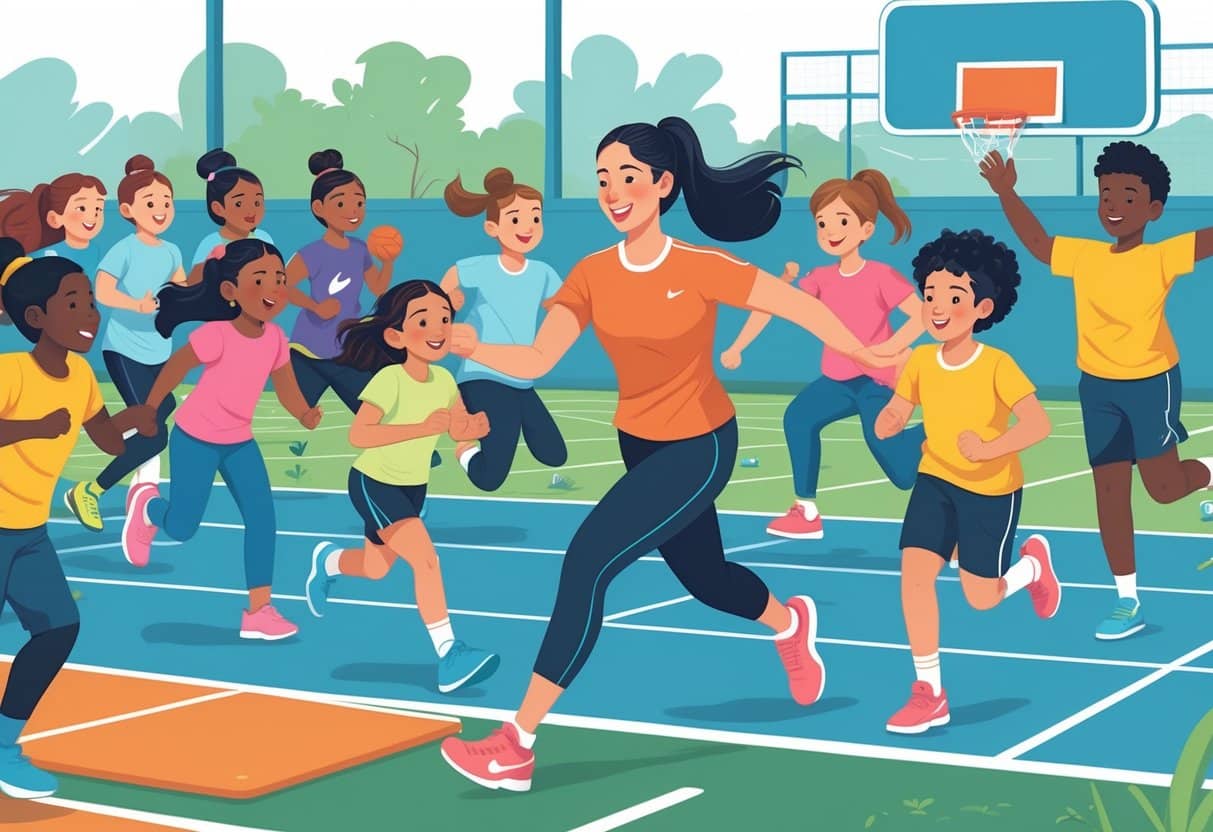 A physical education teacher leading a group of diverse children and teenagers in sports activities outdoors.