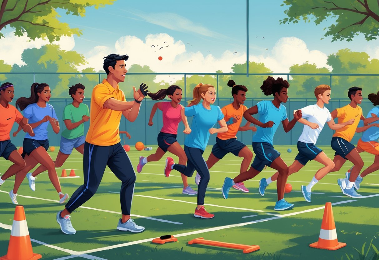 A physical education teacher leading a group of students doing exercises and sports activities on a school field.