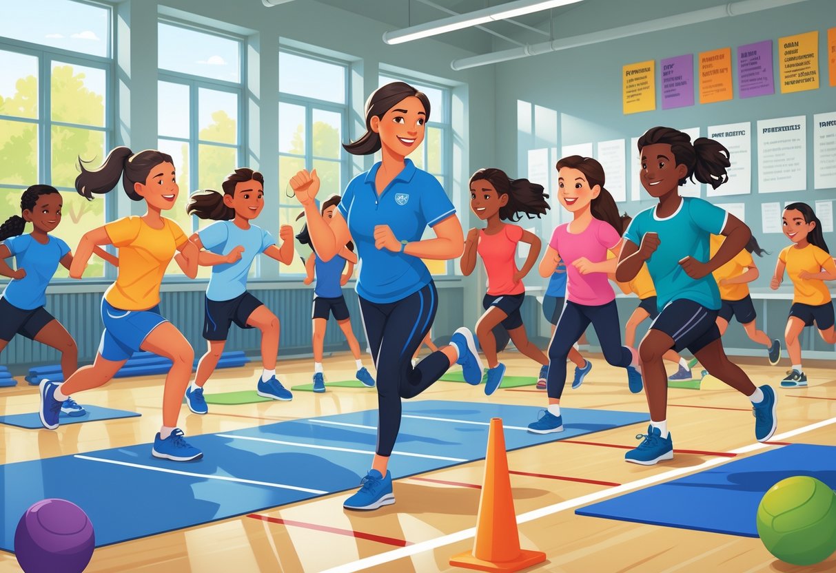 A physical education teacher guiding diverse students through various exercises in a bright school gymnasium.
