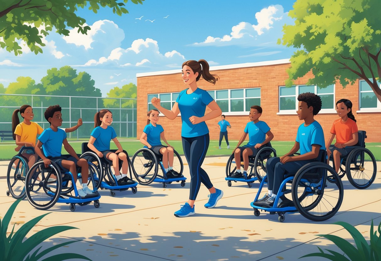 A physical education teacher guiding diverse middle school students, including those using adaptive equipment, during outdoor activities on a school playground.