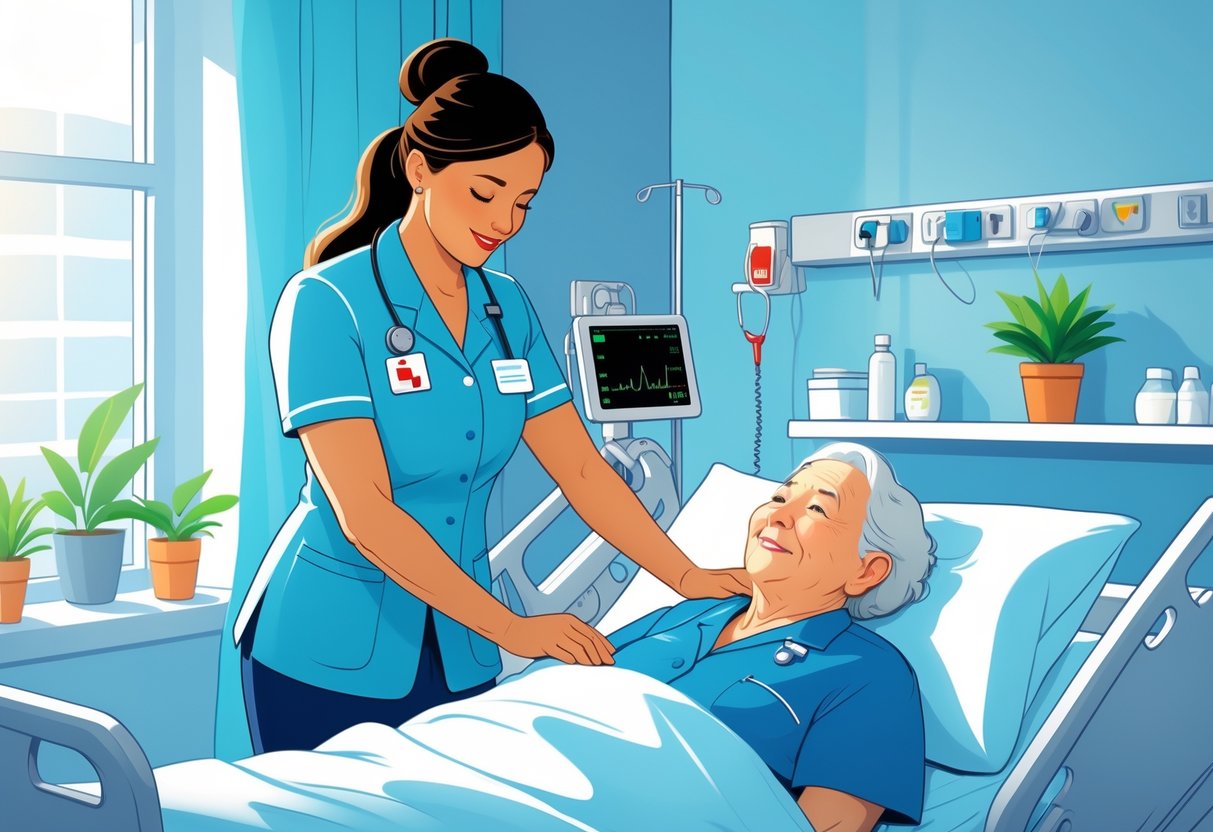10 Certified Nurse Aide Resume Examples & Guide for 2025: Expert Tips and Templates 1 A nurse aide helping an elderly patient sit up in a hospital room with medical equipment and natural light.