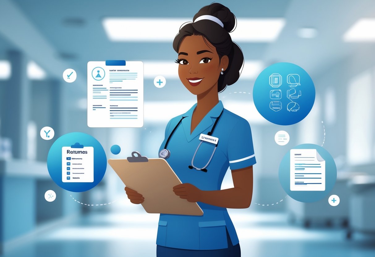 10 Certified Nurse Aide Resume Examples & Guide for 2025: Expert Tips and Templates 2 A Certified Nurse Aide standing in a healthcare setting holding a clipboard, surrounded by icons representing resumes and contact information.