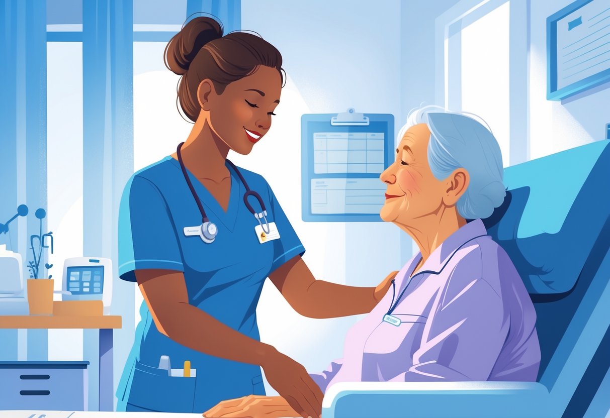 A Certified Nurse Aide assisting an elderly patient in a healthcare setting with medical equipment in the background.