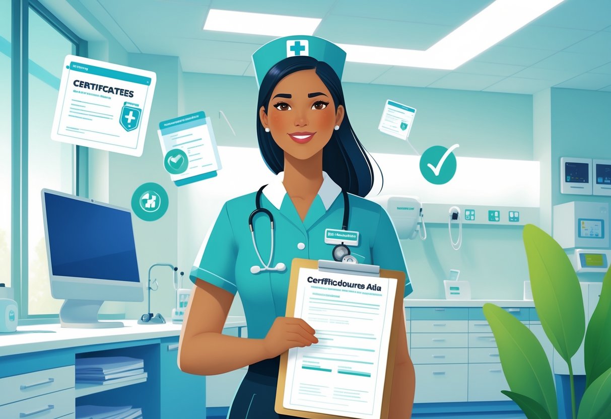 A certified nurse aide standing in a medical environment holding a clipboard, surrounded by symbols representing certifications and licenses.