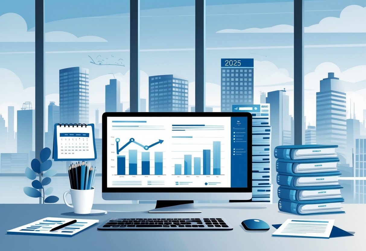 12 Finance Resume Examples & Guide for 2025: Proven Templates and Writing Tips 1 An office desk with a laptop showing financial charts, stacks of resumes, a calculator, and a coffee cup, with a city skyline visible through a window in the background.