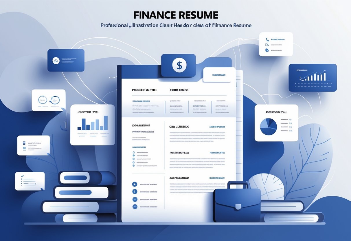 12 Finance Resume Examples & Guide for 2025: Proven Templates and Writing Tips 2 A clean, organized header section design with finance-related icons and abstract charts arranged around a central space for name, contact details, and professional title.