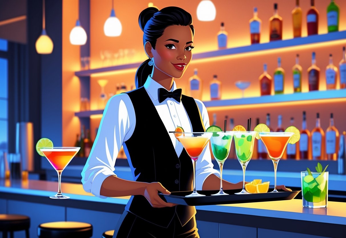 A cocktail server carrying a tray of colorful drinks in a modern bar with bottles and glassware in the background.