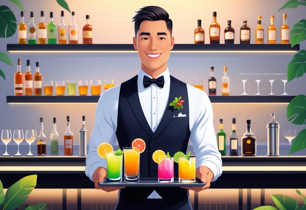 A cocktail server in a classic uniform holding a tray of colorful cocktails in an elegant bar.