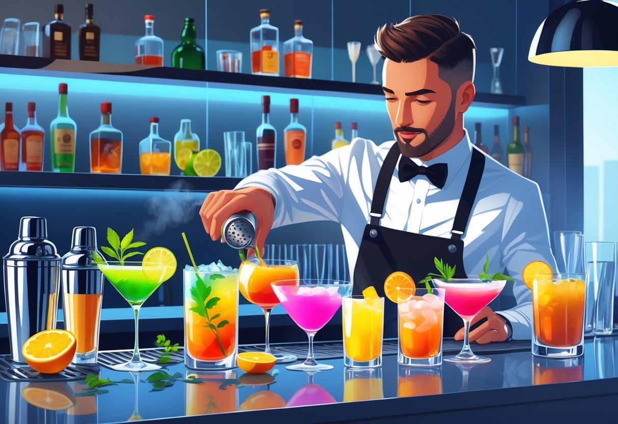 A cocktail server preparing colorful drinks behind a bar with fresh ingredients and glassware.