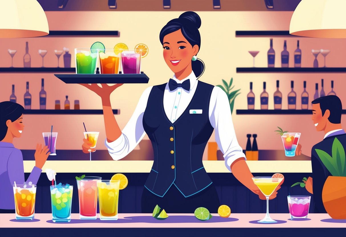 A cocktail server carrying a tray of drinks in a busy restaurant bar with happy customers and a professional atmosphere.