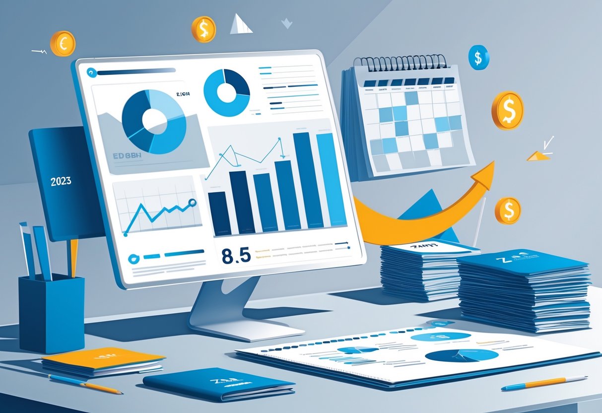 12 Finance Resume Examples & Guide for 2025: Expert Tips for Landing Your Next Role 1 A modern workspace with a laptop showing financial charts, a stack of resumes, and a calendar open to 2025, surrounded by financial symbols and graphs.