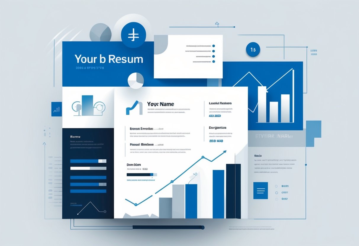 12 Finance Resume Examples & Guide for 2025: Expert Tips for Landing Your Next Role 2 A professional resume header layout with space for a name and contact details, decorated with financial-themed graphics like charts and currency symbols.