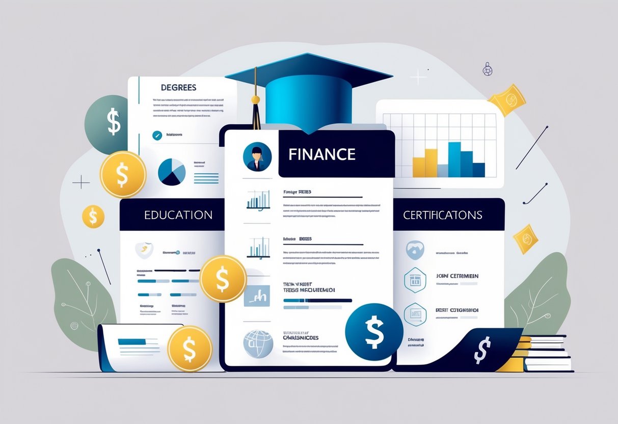 An illustration showing symbols of education and finance including diplomas, graduation caps, certificates, and financial charts arranged neatly to represent an education section of a resume.