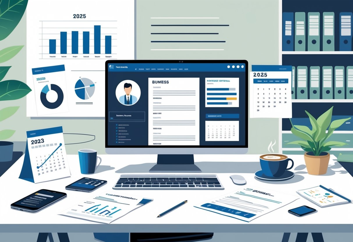 10 Business Manager Resume Examples & Guide for 2025: Templates, Tips, and Best Practices 1 A modern office desk with a laptop, documents, calendar showing 2025, and business-related items arranged neatly.