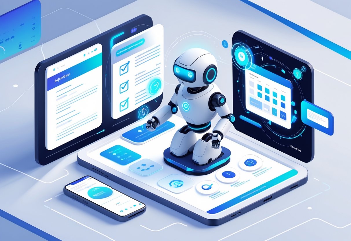 5 Ways RoboApply Automates Your Job Search and Saves You Time: Boost Efficiency and Streamline Applications 1 A robot surrounded by five icons representing automated resume optimization, job matching, interview scheduling, application tracking, and notifications to illustrate how RoboApply automates the job search.