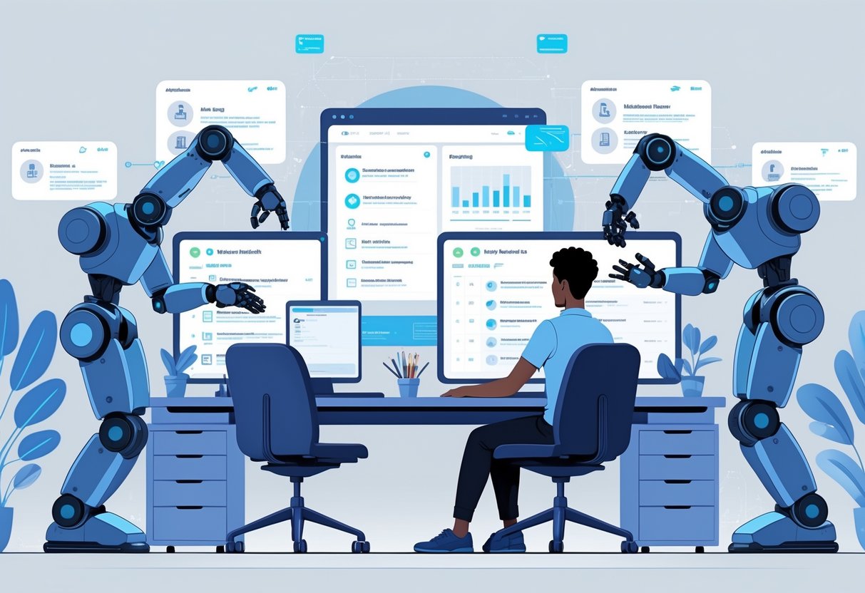 A person at a desk using robotic assistants to automate various job search tasks in a modern office setting.