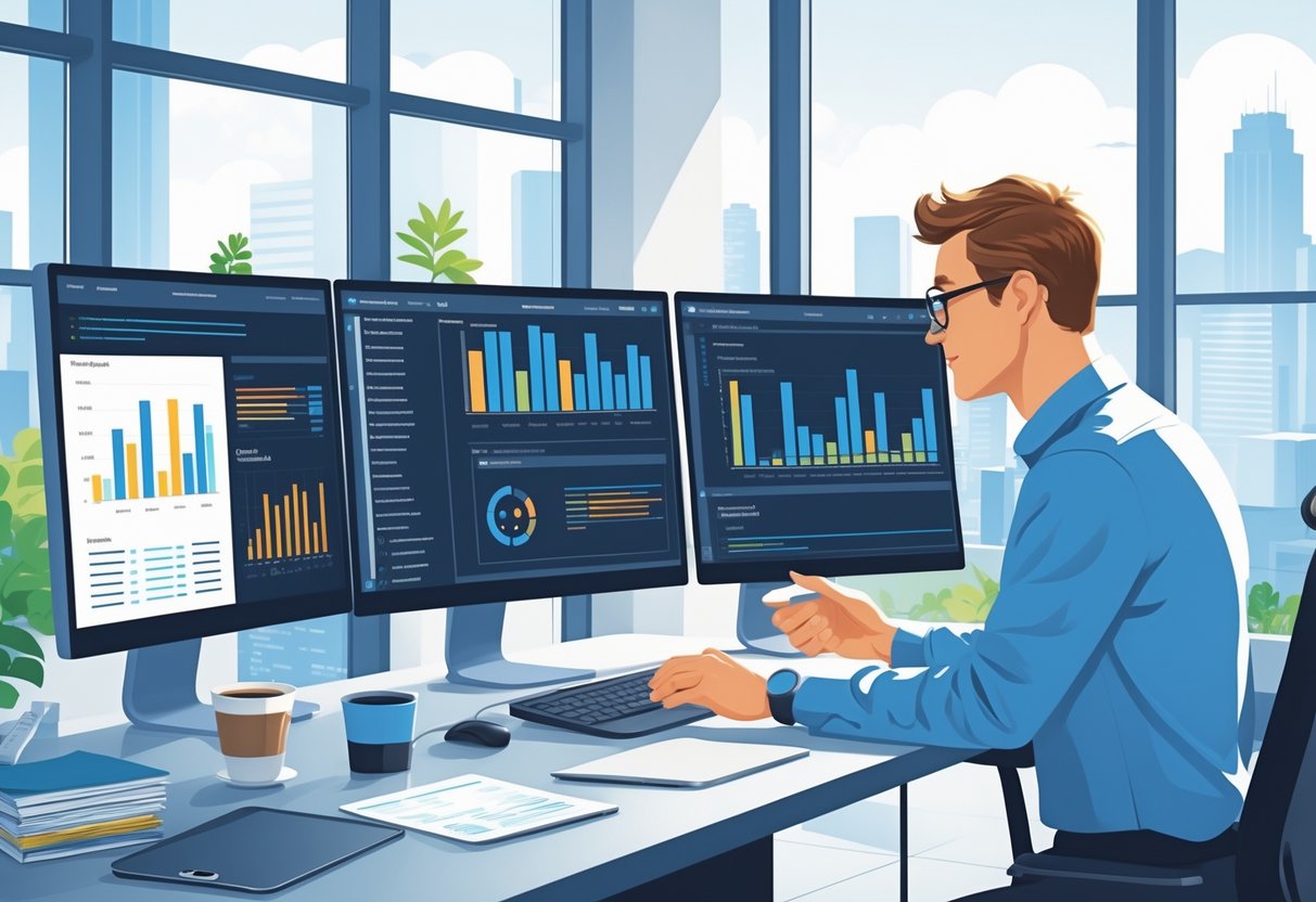 7 System Analyst Resume Examples That Got Jobs for 2025 and What Made Them Stand Out 1 A system analyst working at a desk with multiple computer screens showing charts and diagrams in a bright office setting.