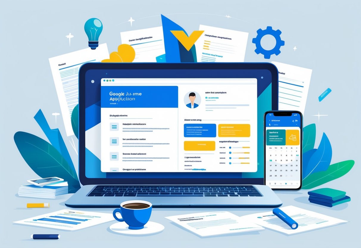 11 Google Resume Examples & Guide for 2025: Templates, Tips, and Expert Advice 1 A workspace with a laptop showing a resume template, surrounded by documents, a coffee cup, and a smartphone with a calendar, symbolizing preparation for a job application.