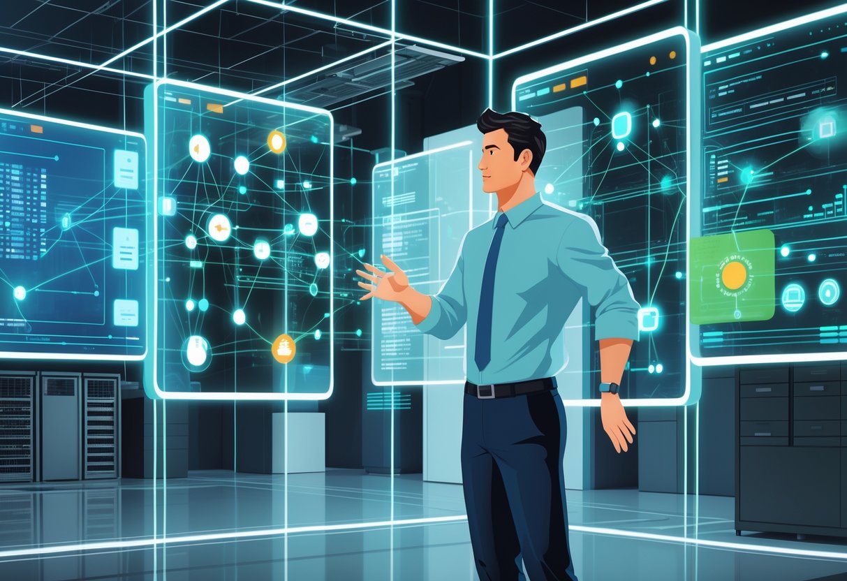 7 System Analyst Resume Examples That Got Jobs for 2025 and What Made Them Stand Out 2 A system analyst working with floating digital network diagrams and data visualizations in a modern office setting.