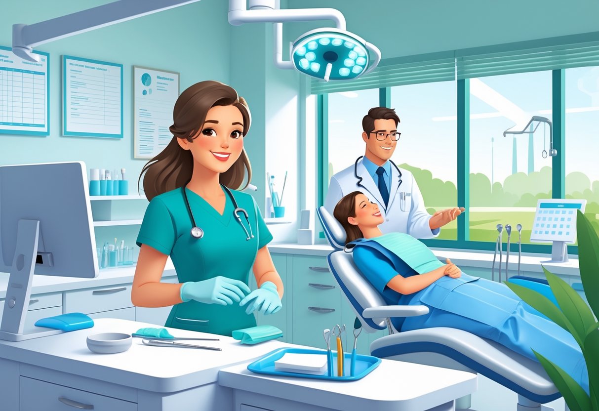 5 Dental Assistant Resume Examples & Guide for 2025: Templates, Skills, and Writing Tips 1 A dental assistant organizing tools next to a dental chair while a dentist talks to a patient in a bright dental office.