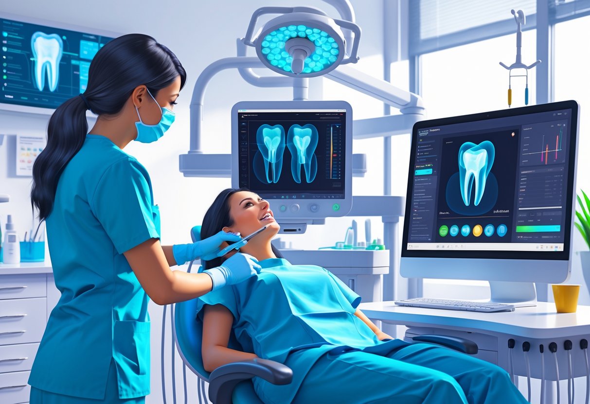 A dental assistant operating a digital X-ray machine while viewing dental images on a computer in a modern dental clinic.
