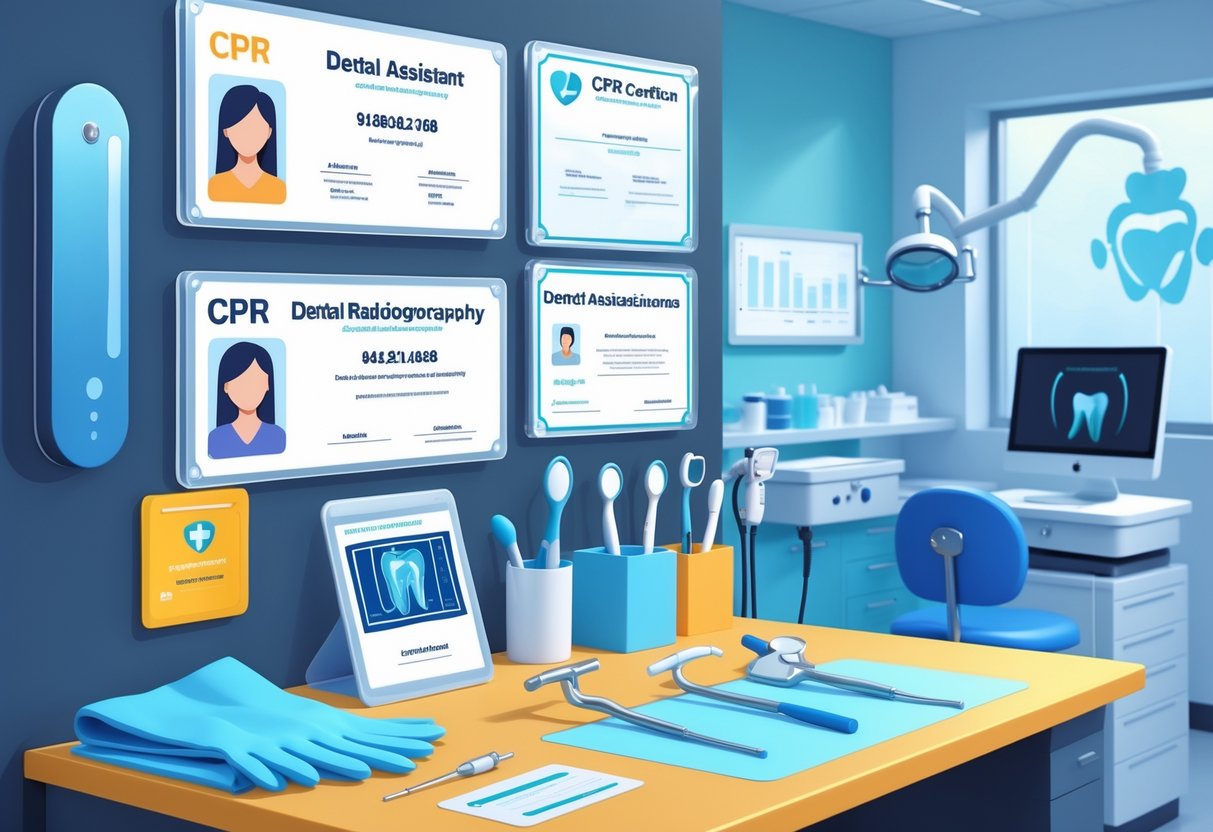 A dental assistant's workspace displaying CPR and dental radiography certifications along with dental tools and medical equipment in a clean clinic setting.