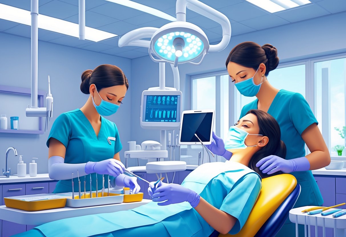A dental assistant preparing instruments, assisting a dentist, and comforting a patient in a dental clinic.