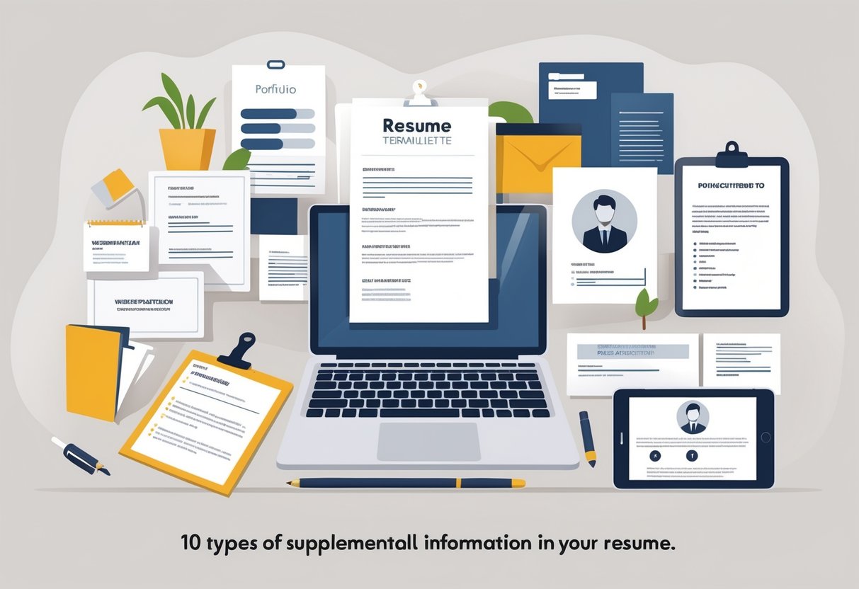 A workspace with a laptop showing a resume template surrounded by various supplemental documents and items like certificates, reference letters, a professional photo, and a digital tablet, all neatly arranged.