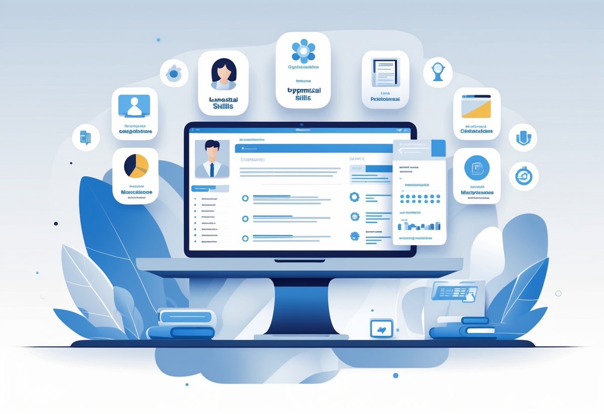 A workspace with a laptop showing a digital resume surrounded by icons representing different types of supplemental information like certifications, projects, and awards.