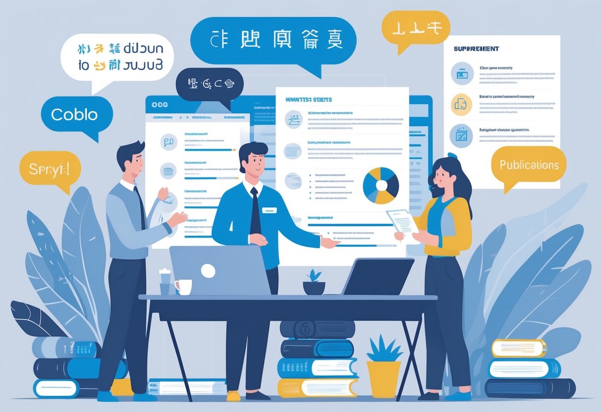 A group of people interacting with resumes and language symbols, surrounded by icons representing certifications, awards, and skills in an office setting.