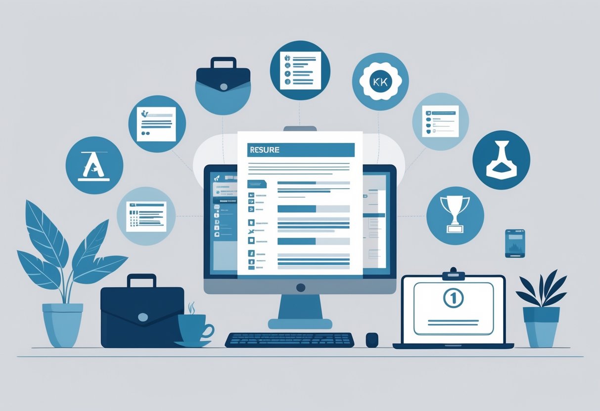 A tidy workspace with a resume surrounded by icons representing ten types of supplemental information to include with a resume, such as certificates, professional affiliations, skills, awards, and references.