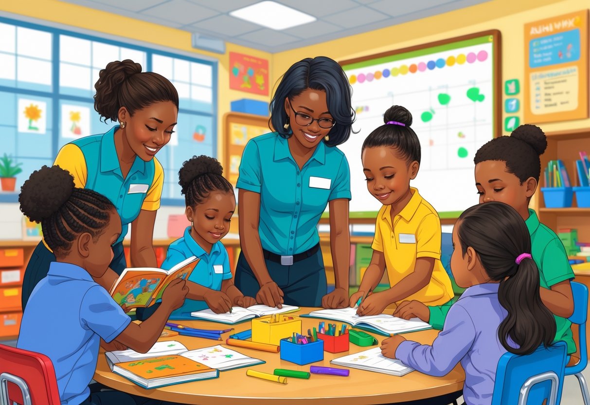 15 Teacher Assistant Resume Examples - June 2025: Top Templates and Writing Tips 2 A group of teacher assistants helping young children in a bright classroom with books and learning materials.