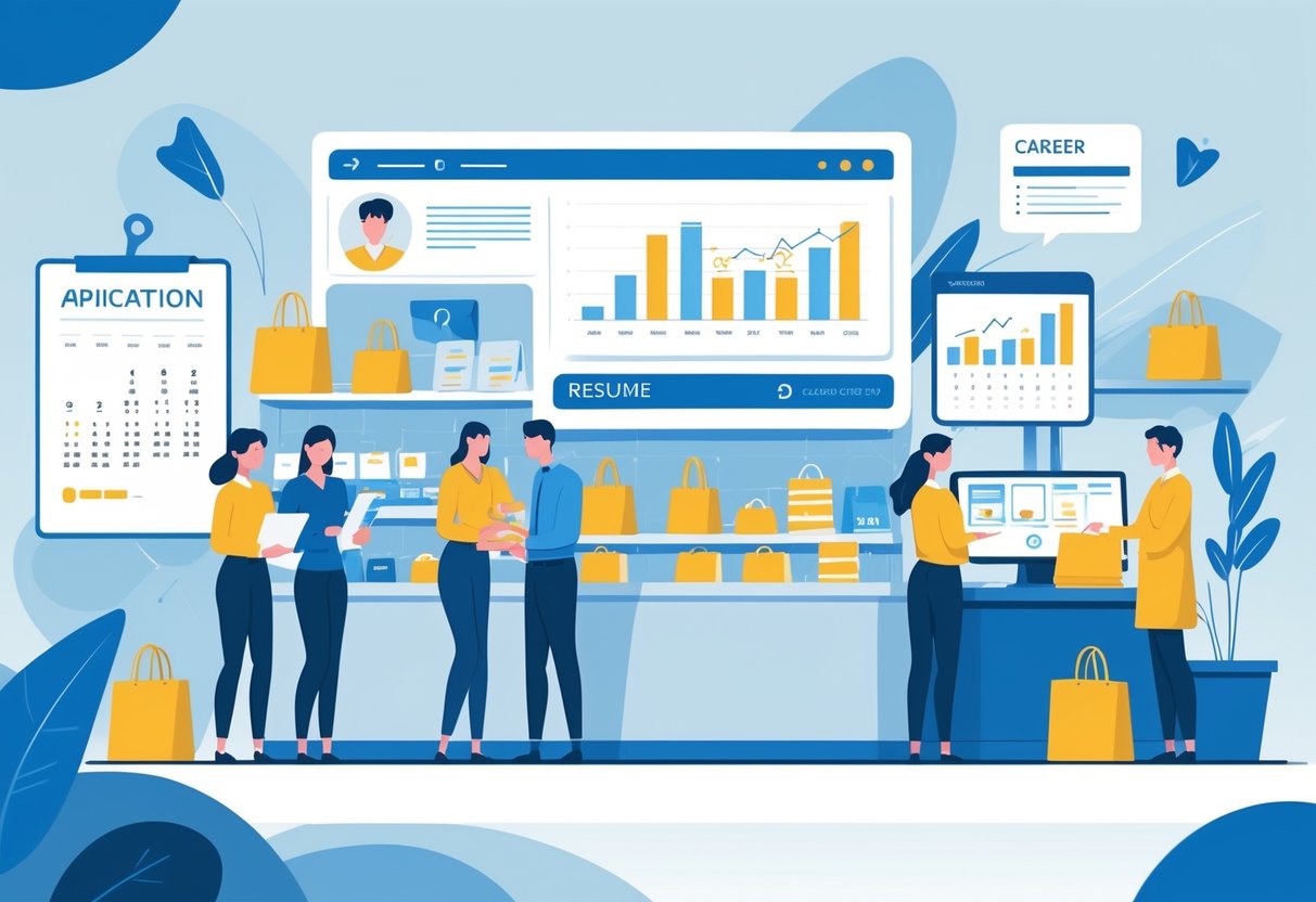 7 Retail Resume Examples & Guide for 2025: Winning Templates for Every Retail Role 1 A retail store scene showing people reviewing resumes, helping customers, and organizing products, highlighting career development in retail.