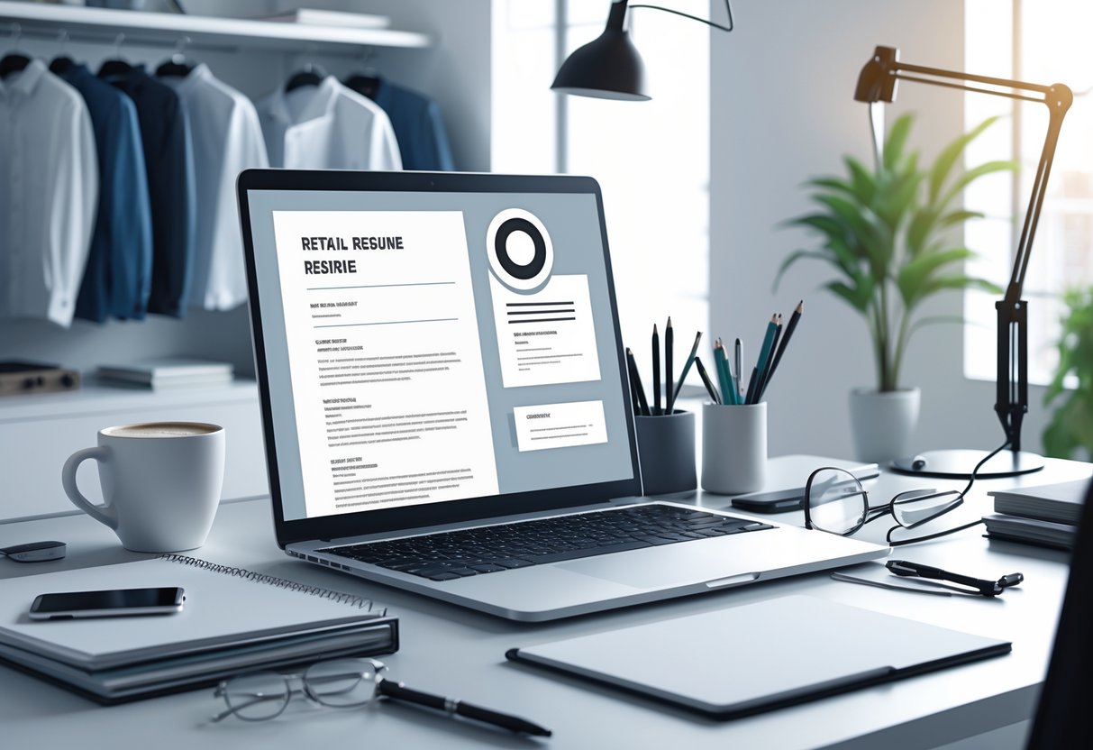 7 Retail Resume Examples & Guide for 2025: Winning Templates for Every Retail Role 2 A tidy desk with a laptop, stationery, coffee cup, and retail-related items like folded clothes and a barcode scanner.