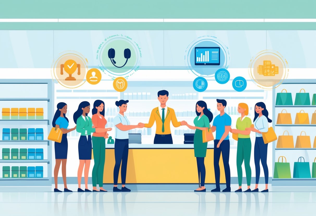 A retail employee assisting customers in a store with icons representing communication, teamwork, sales, and inventory management around them.