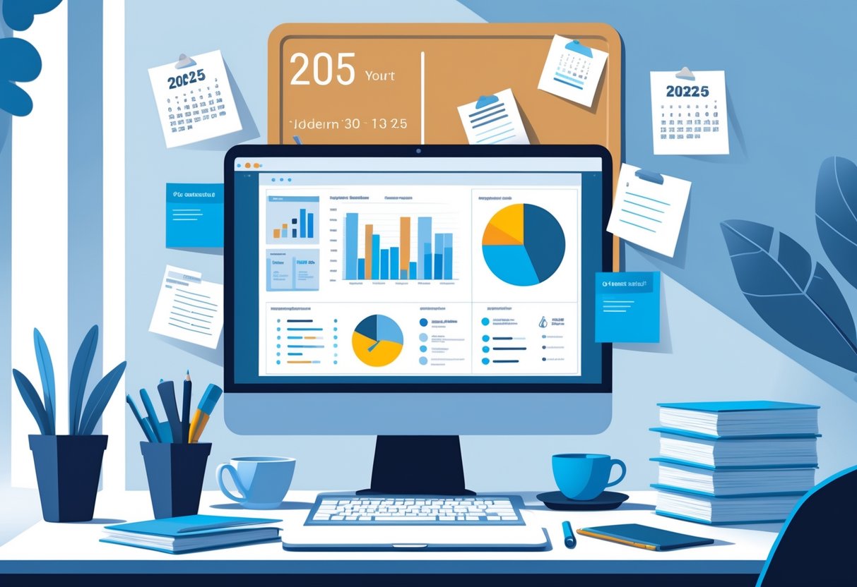 A modern office desk with a laptop, resume papers, coffee cup, and retail-related icons in a bright workspace.