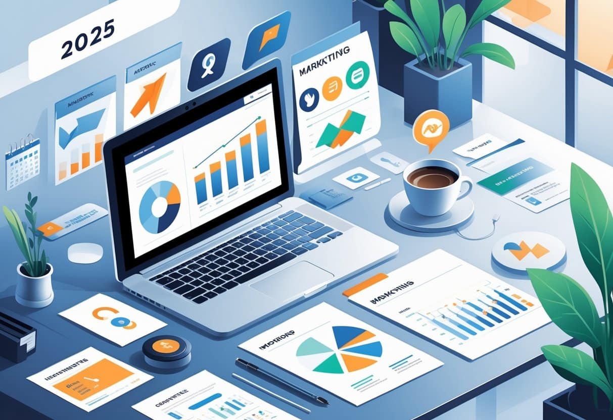 13 Marketing Resume Examples & Guide for 2025: Proven Formats and Expert Tips 1 A modern office workspace with a laptop showing charts and marketing icons, surrounded by documents and a coffee cup, with a calendar showing the year 2025.