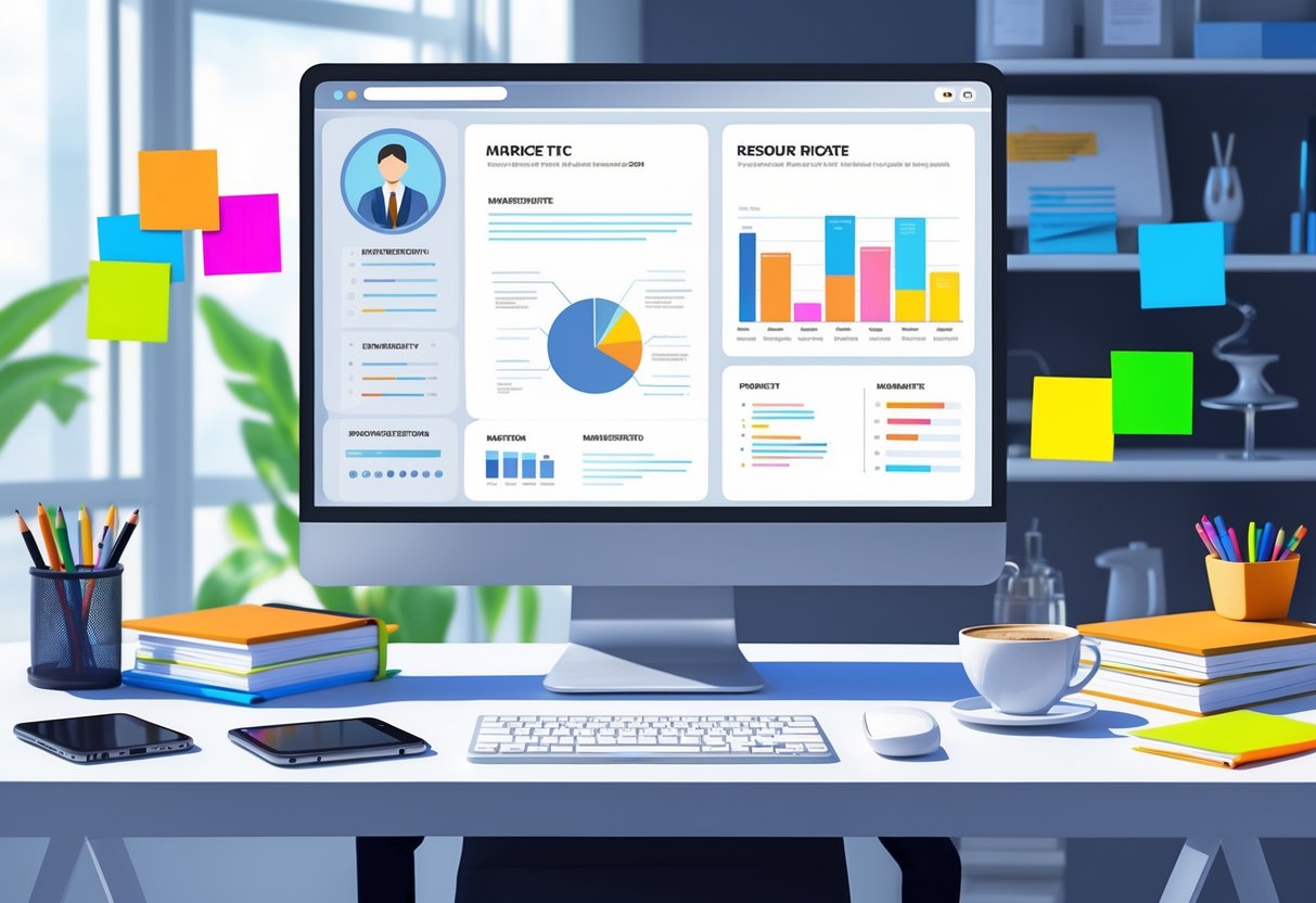 13 Marketing Resume Examples & Guide for 2025: Proven Formats and Expert Tips 2 A modern workspace with a computer displaying a digital resume layout surrounded by marketing materials and office supplies.