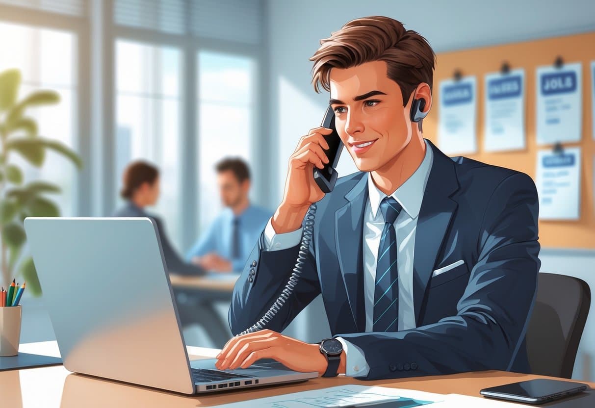 A young person making a phone call at a desk in an office, looking focused and hopeful.