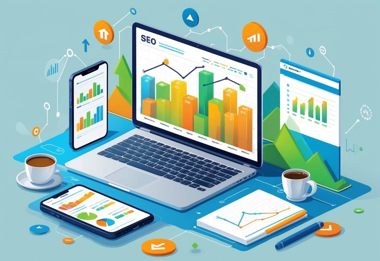 13 Marketing Resume Examples & Guide for 2025: Proven Formats and Expert Tips 4 A workspace with a laptop showing colorful SEO graphs and charts, a smartphone with analytics, a notepad, and a coffee cup, representing SEO analysis and marketing metrics.