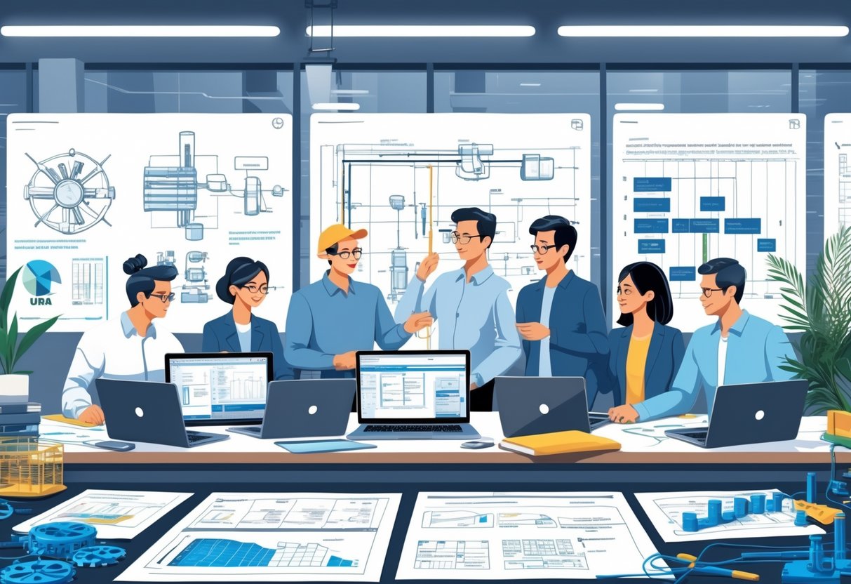 A group of engineers working together around a desk with blueprints, laptops, and prototype models in a modern office filled with diagrams and project plans.