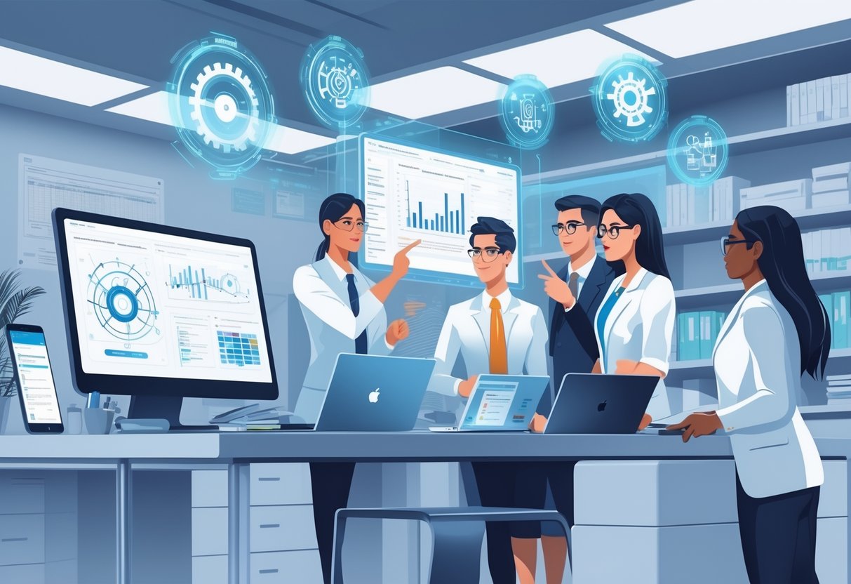 A group of professionals collaborating at a desk filled with digital devices and holographic engineering icons in a bright office setting.