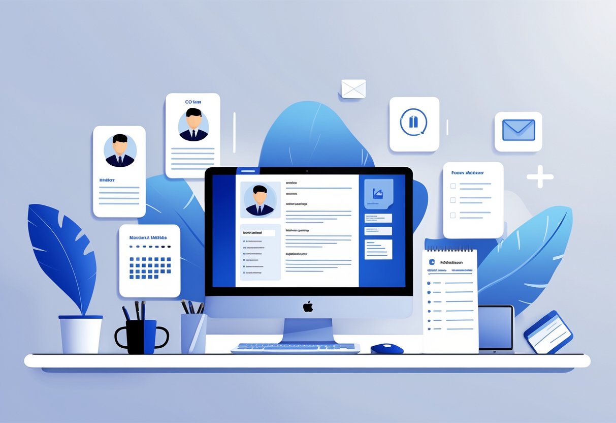 Personal Details on a CV: Essential Inclusions, Common Mistakes, and Formatting Tips With Examples 1 A workspace with a laptop showing a CV template, a notepad, and icons representing personal details on a CV, with some highlighted and others faded to show what to include and skip.