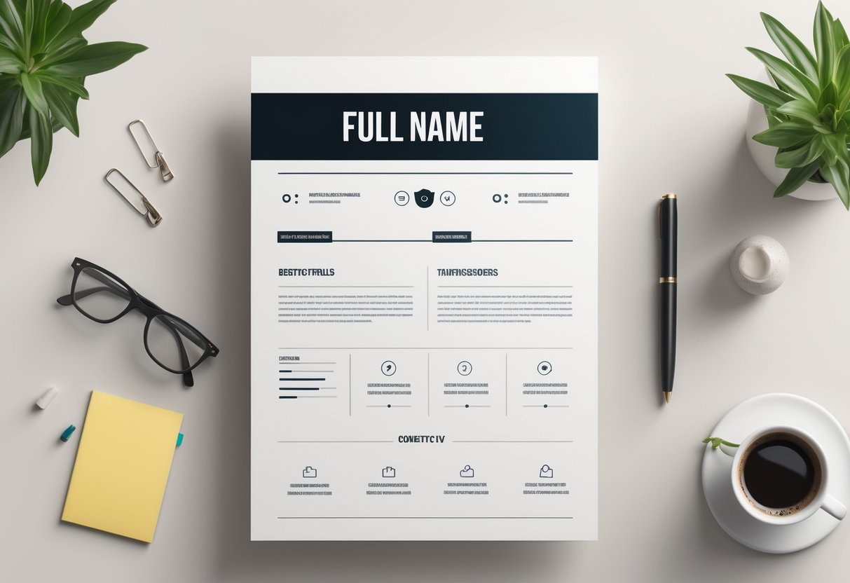 Personal Details on a CV: Essential Inclusions, Common Mistakes, and Formatting Tips With Examples 2 A clean and organized CV layout on a desk with a bold header area and sections for personal details, accompanied by office items like a pen and glasses.