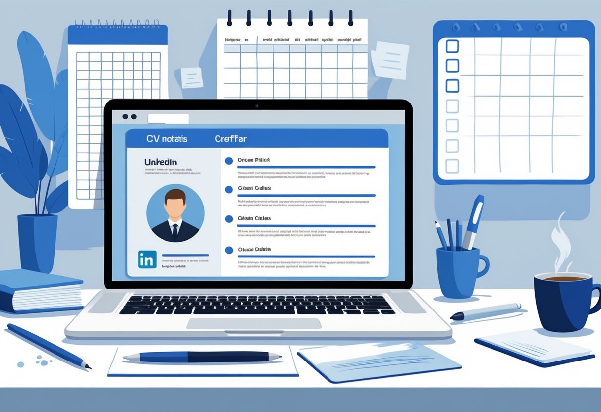 A tidy workspace with a laptop showing a CV layout, surrounded by office supplies and a calendar, suggesting careful preparation of personal details for a resume.
