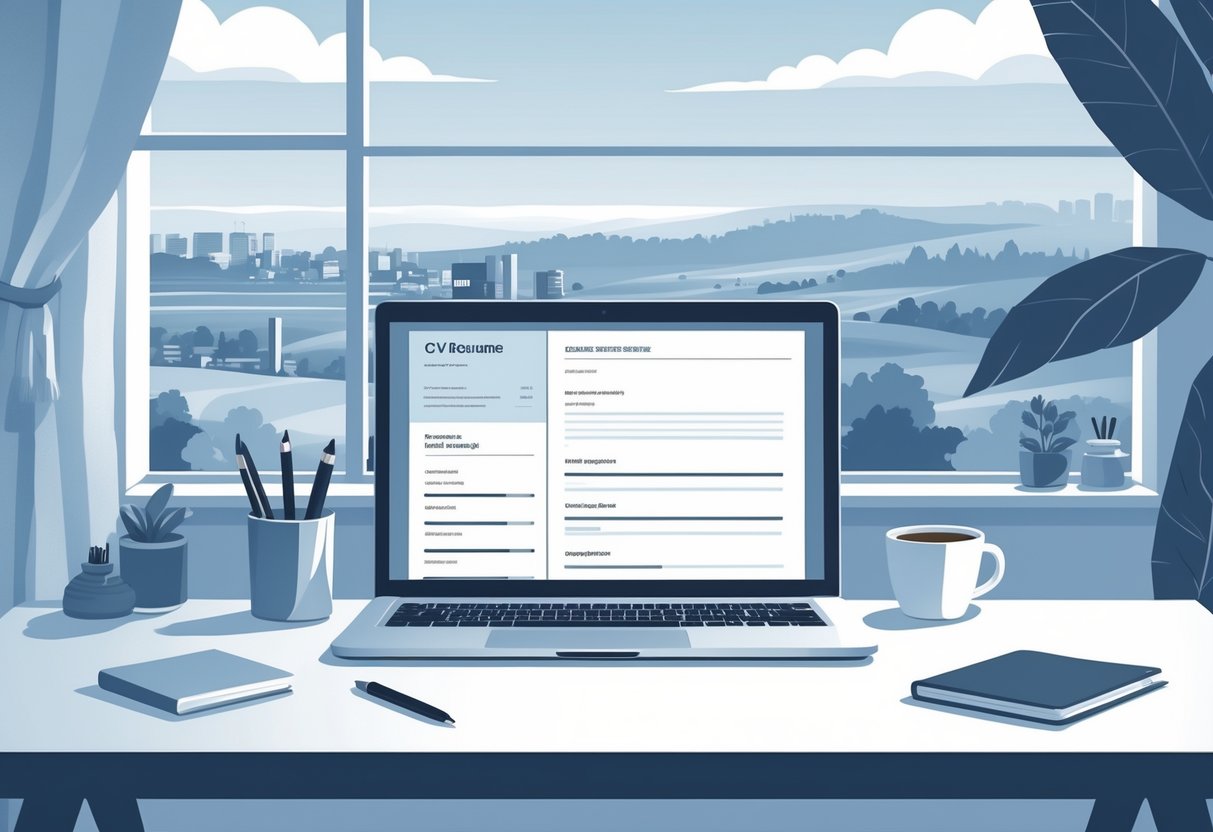 A workspace with a laptop showing a CV template, stationery on the desk, and a window view blending city and countryside landscapes.
