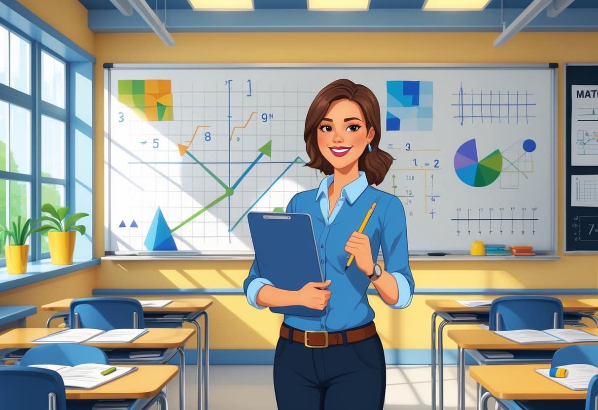 A math teacher standing in a classroom with a whiteboard full of math formulas and students' desks.
