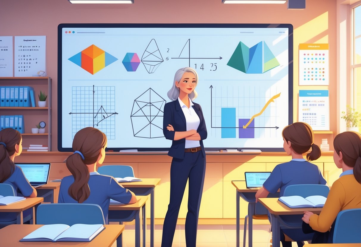 A math teacher standing next to a digital whiteboard with math formulas, teaching attentive students in a bright classroom.