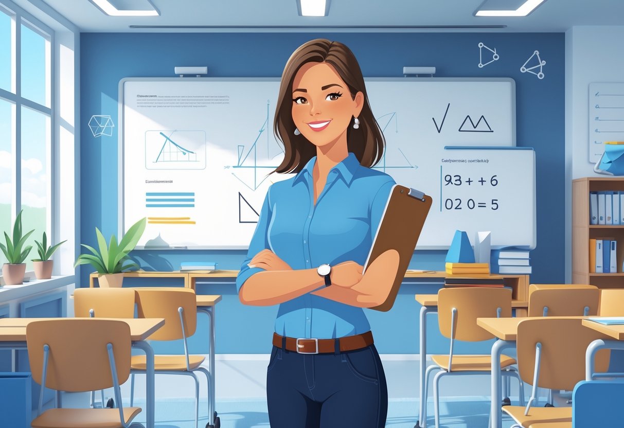 A math teacher holding a clipboard in a classroom with math symbols on a whiteboard behind them.