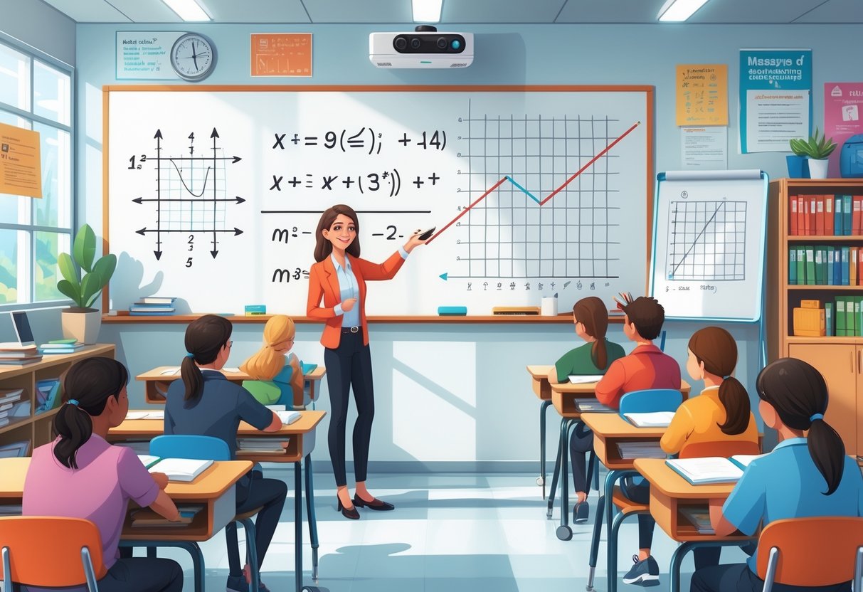 A math teacher explaining equations on a whiteboard to attentive students in a bright classroom.